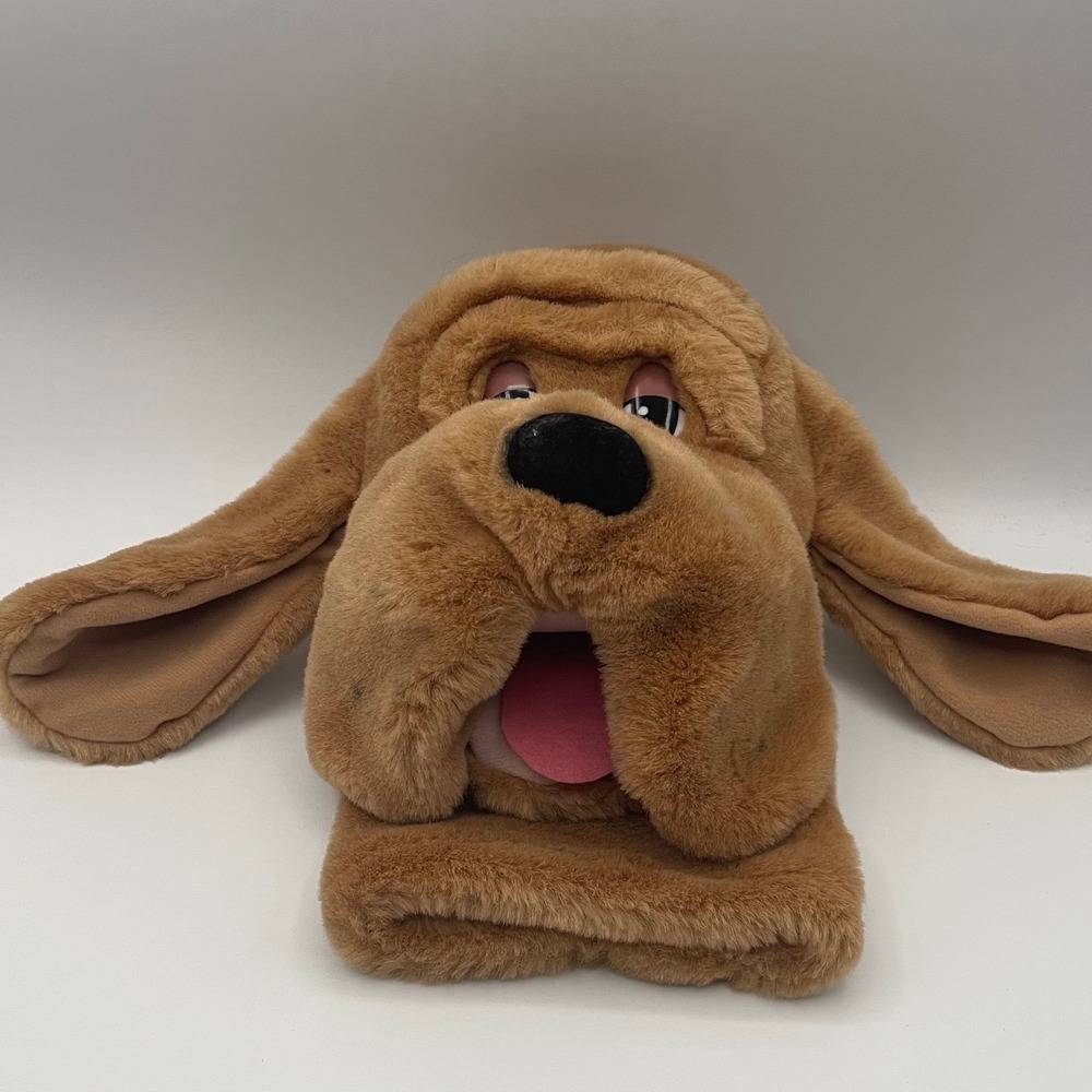 Vintage Plush Hound Dog Hand Puppet Tan Faux Fur Movable Mouth Bloodhound 10.5in